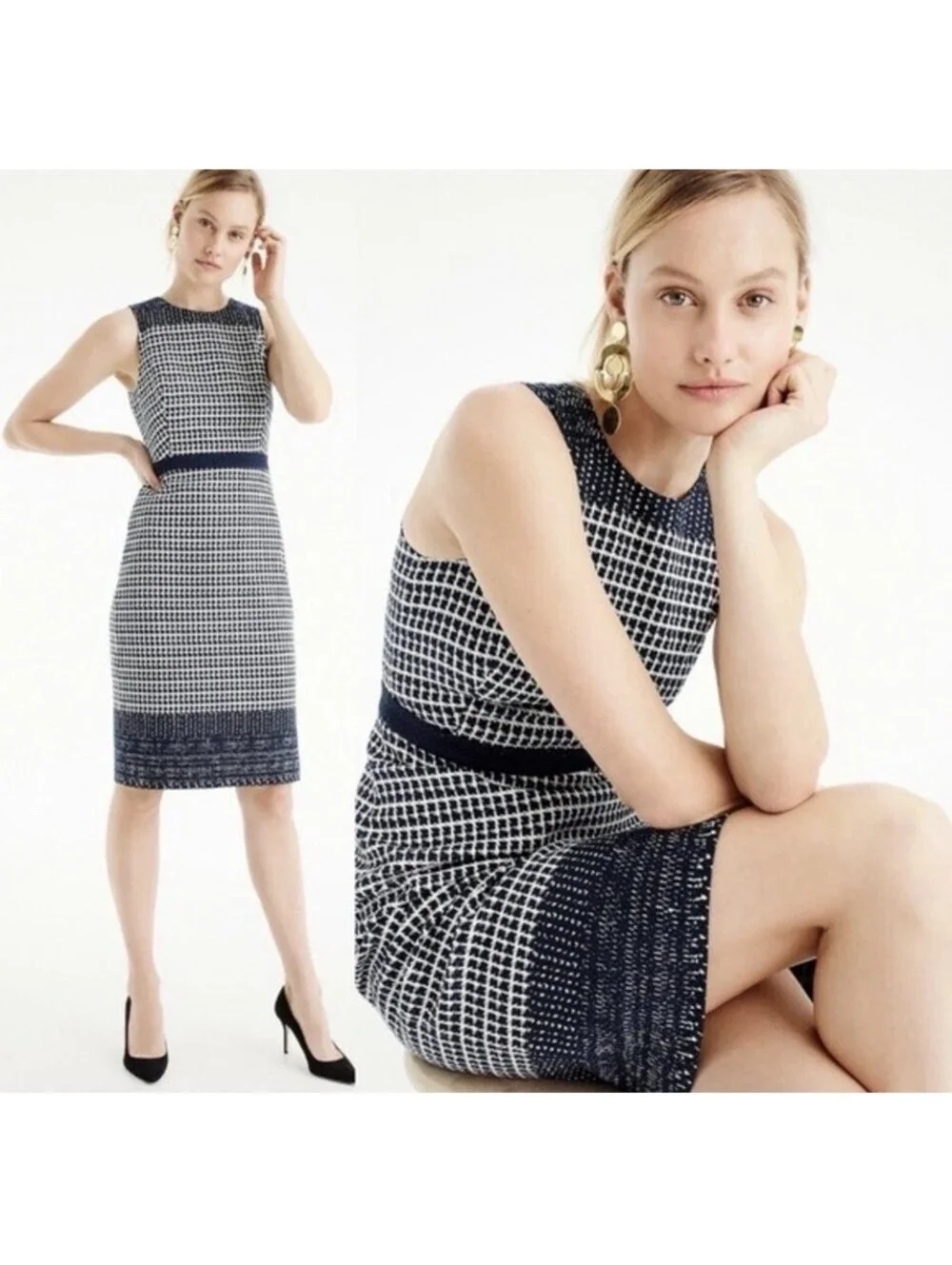 J. Crew Sleeveless Checkered Tweed Sheath Midi Dress Navy White Size  4